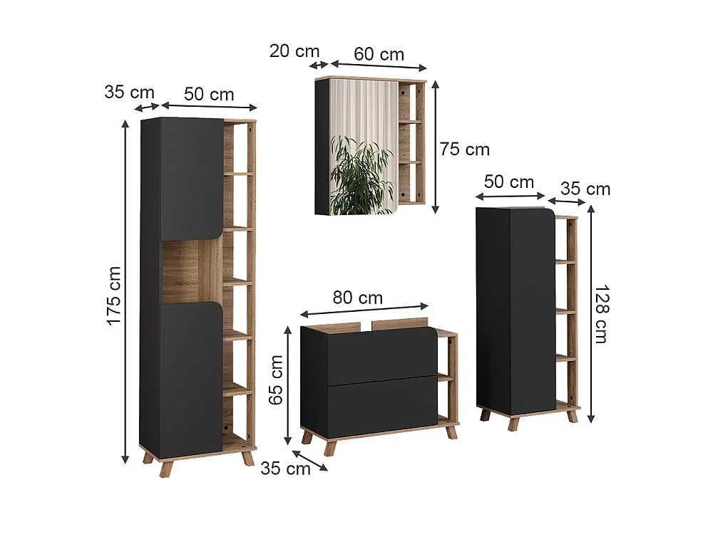 Zestaw mebli łazienkowych antracyt/sonoma 80x35x65 karen