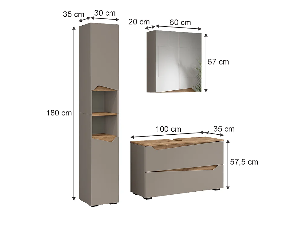 Meubles bain grège/chêne artisan 100x35x57.5 marelle