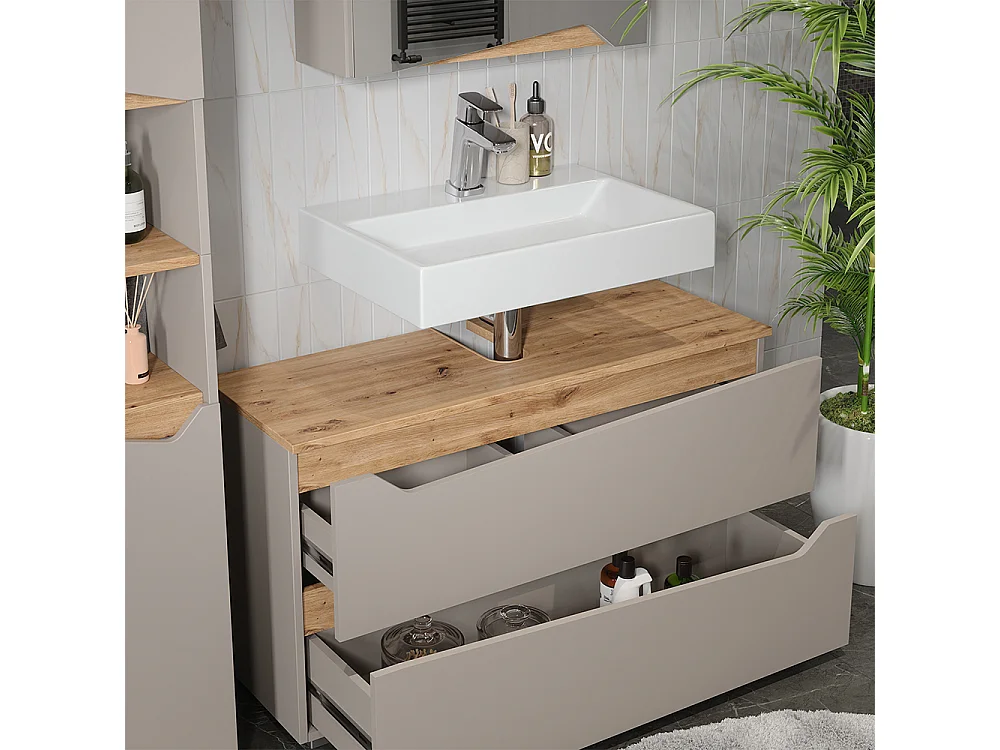 Meubles bain grège/chêne artisan 100x35x57.5 marelle