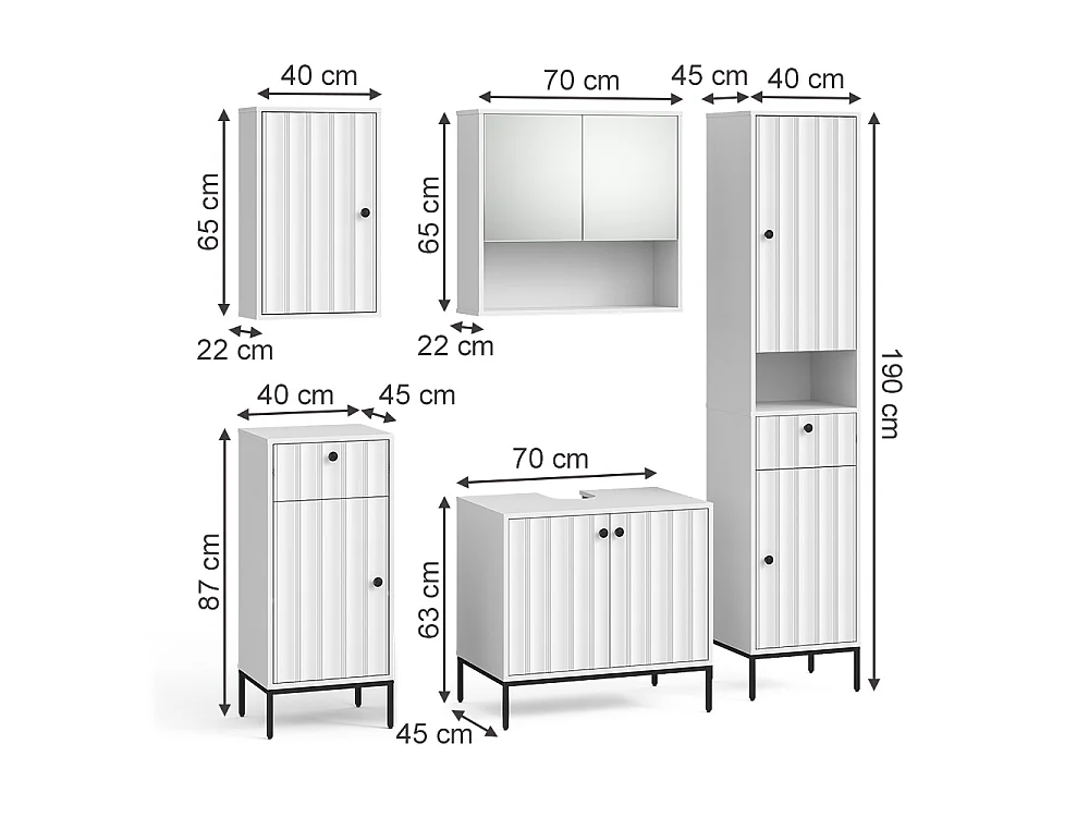 Zestaw mebli łazienkowych białe pofałdowanie 70x45x63 eliza