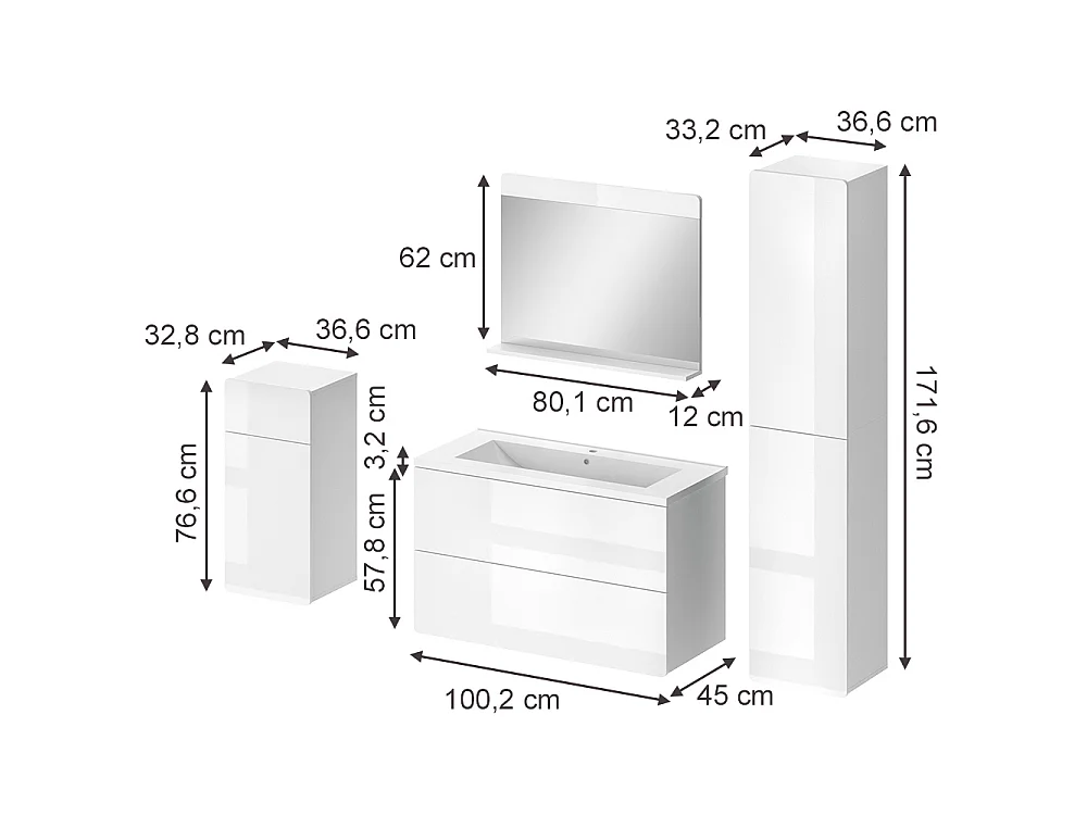 Zestaw mebli łazienkowych biały wysoki połysk/biały 100x44.6x57.8 izan