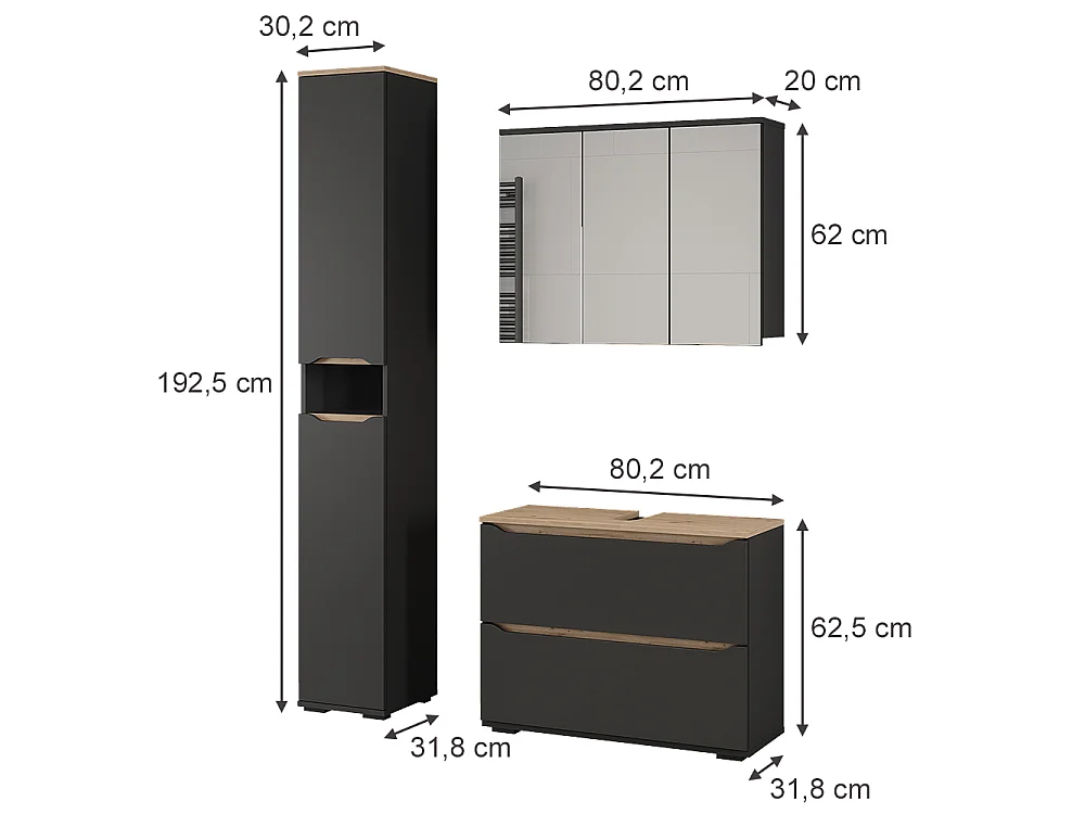 Zestaw mebli łazienkowych antracyt/dąb artisan 80.2x20x62 ruben