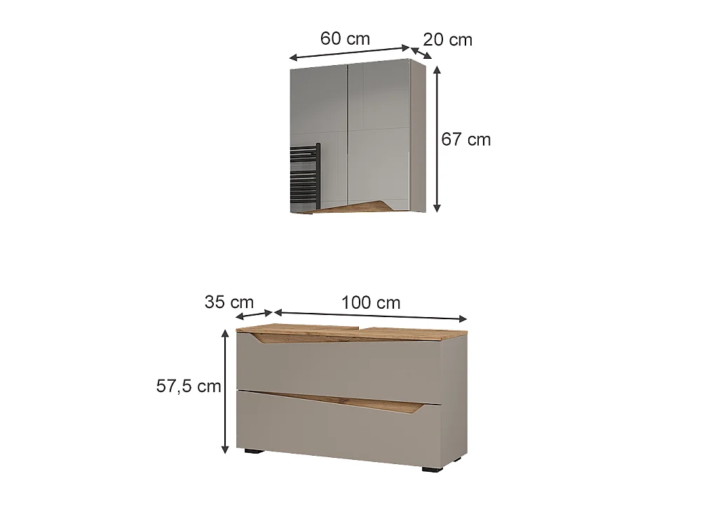 Meubles bain grège/chêne artisan 100x35x57.5 marelle