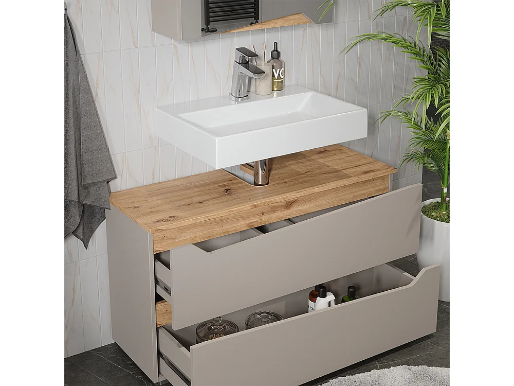 Meubles bain grège/chêne artisan 100x35x57.5 marelle