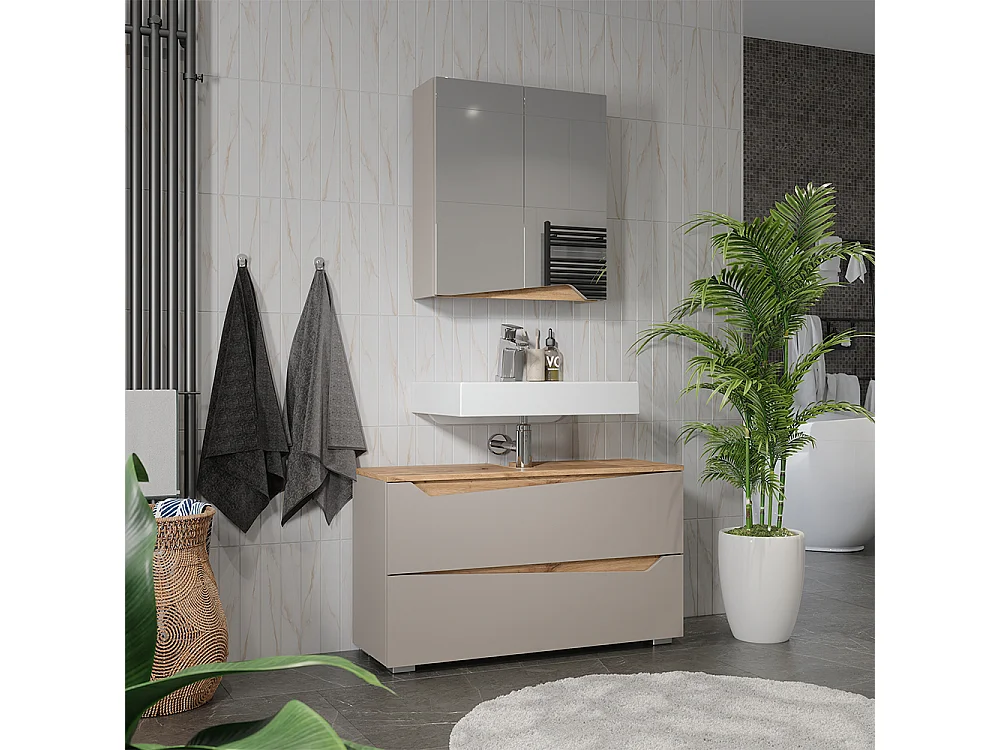 Meubles bain grège/chêne artisan 100x35x57.5 marelle