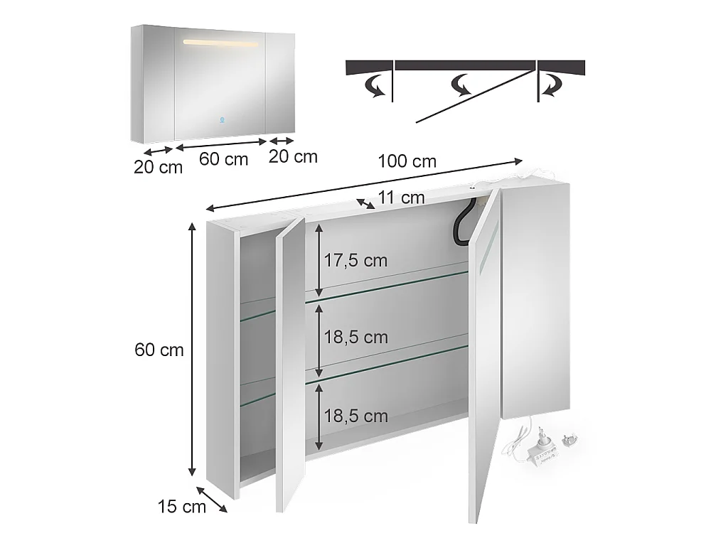 Armario con espejo para baño blanco 100x15x60 curved