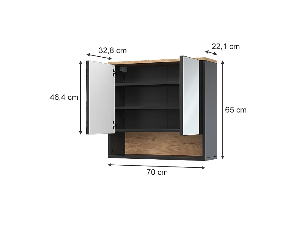 Armario con espejo para baño negro/roble vikingo 70x0x65 eliza