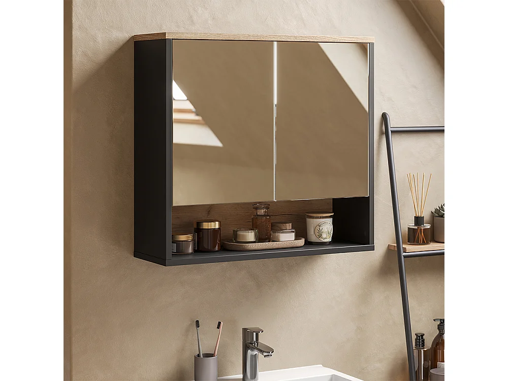 Armario con espejo para baño negro/roble vikingo 70x0x65 eliza