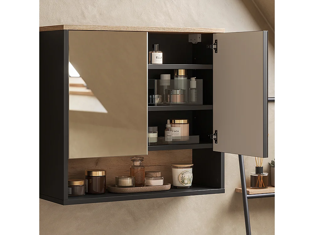 Armario con espejo para baño negro/roble vikingo 70x0x65 eliza