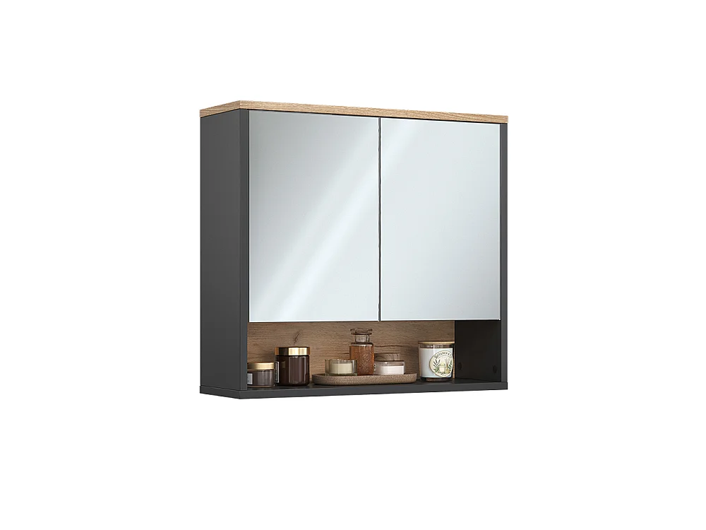 Armario con espejo para baño negro/roble vikingo 70x0x65 eliza