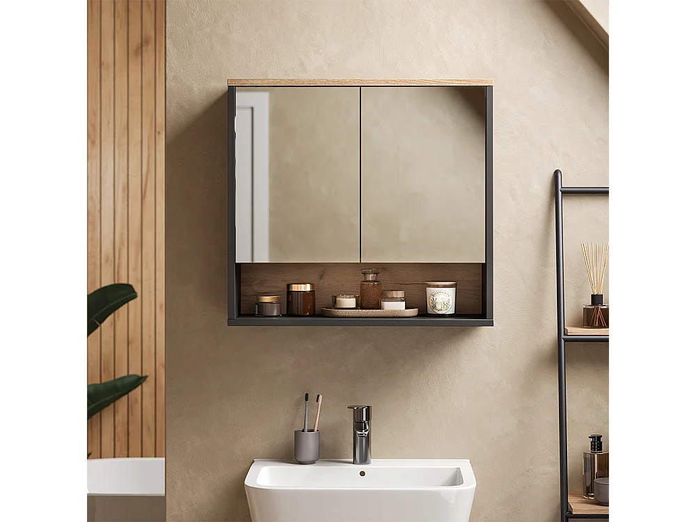 Armario con espejo para baño negro/roble vikingo 70x0x65 eliza