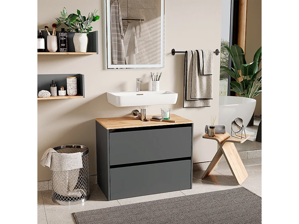 Meuble sous vasque simple anthracite/chêne doré 80.2x45.5x65 viktor