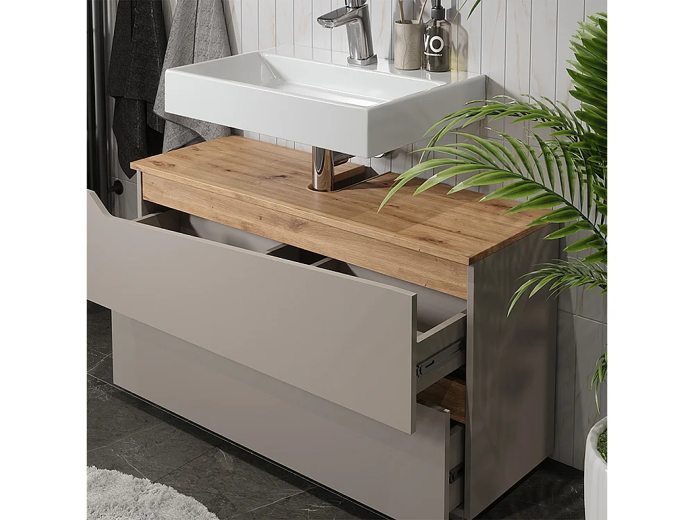 Meuble sous vasque simple grège/chêne artisan 100x35x57.5 marelle