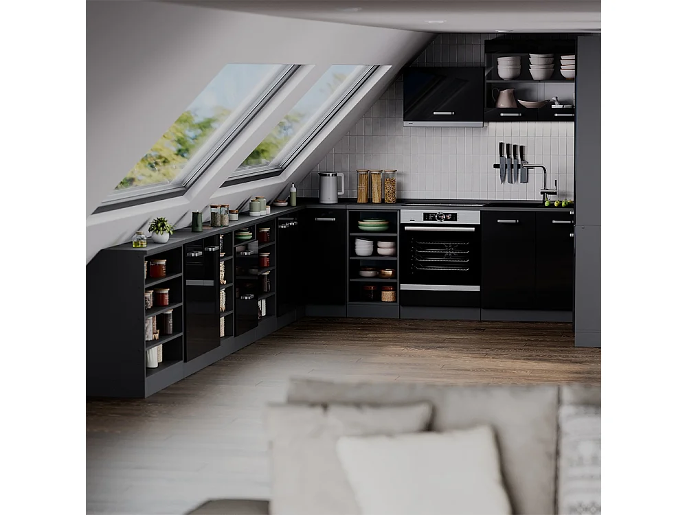 Corner kitchen cabinet for sloping roofs black high gloss 75.6x60x81.6 r-line