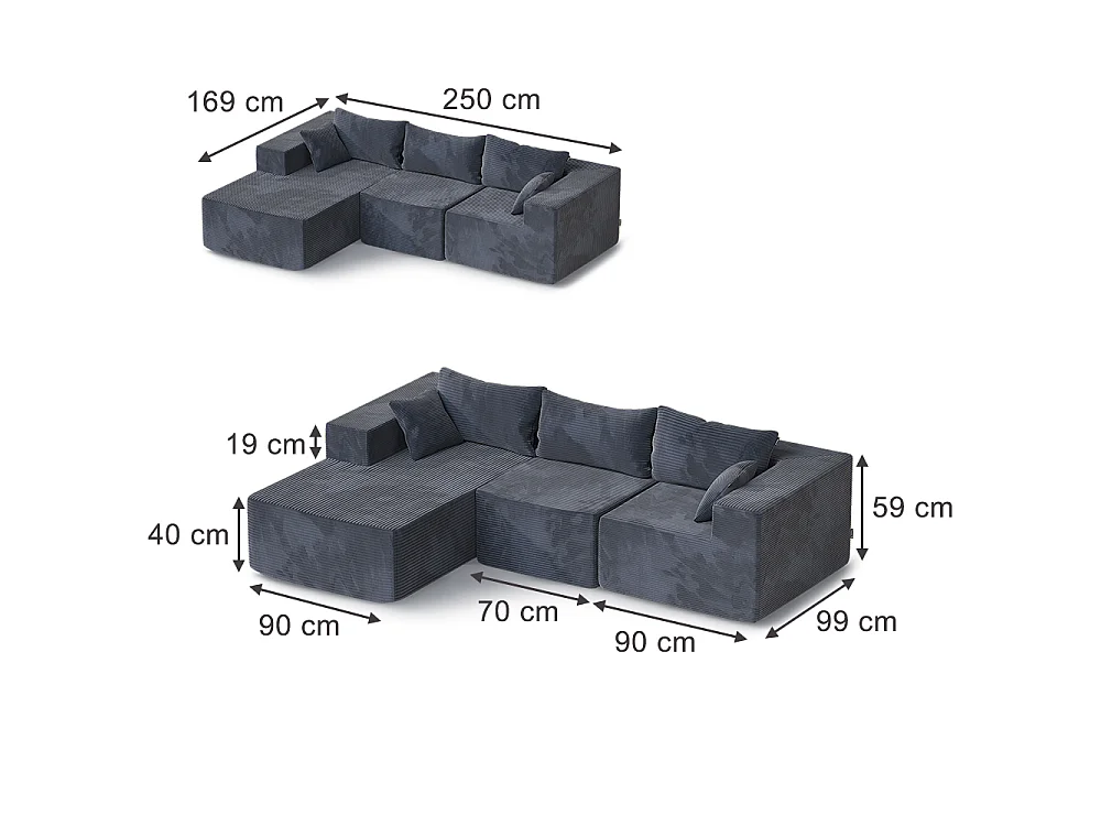 Divano a L grigio scuro 250x169x59 nuvio