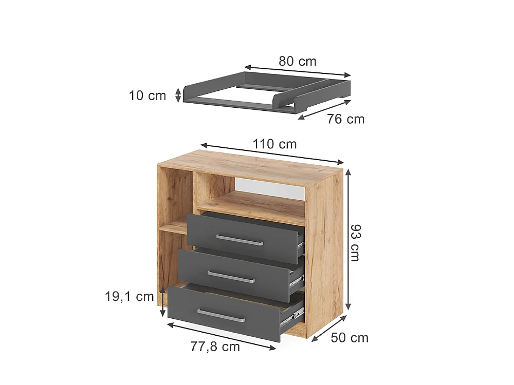 Przewijak dla dziecka dąb goldkraft/antracyt 110x50x93 olina