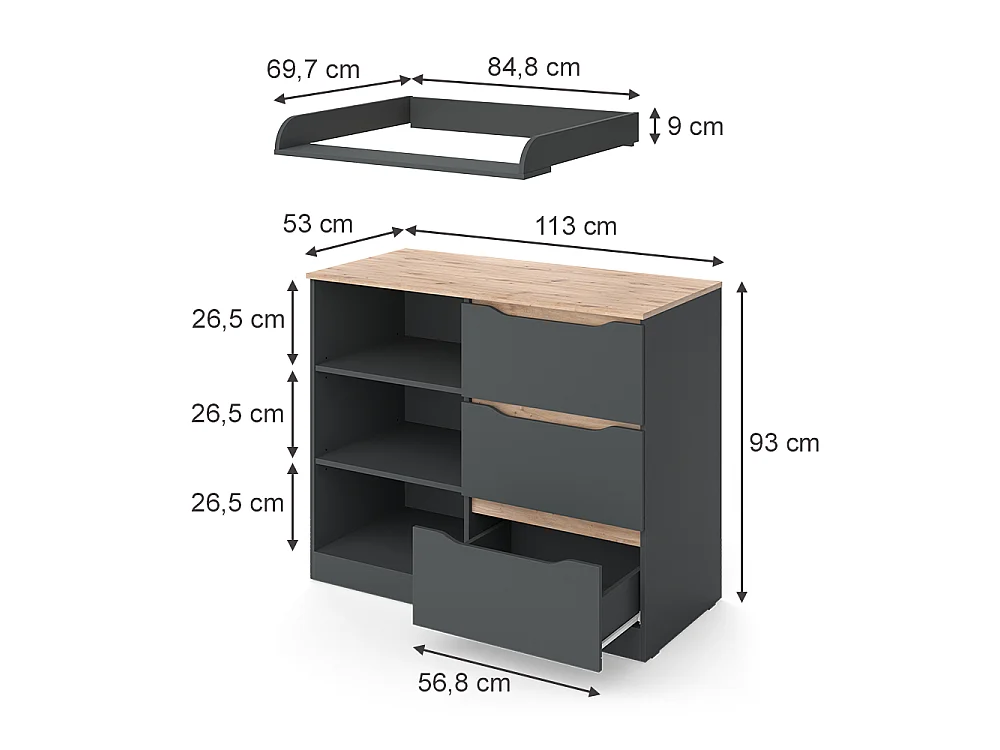 Przewijak dla dziecka antracyt/dąb artisan 113x53x93 ruben