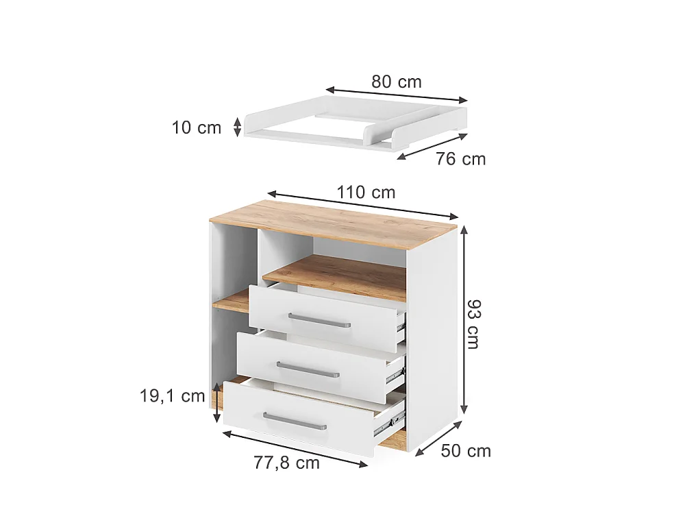 Przewijak dla dziecka biały/dąb goldkraft 110x50x93 olina
