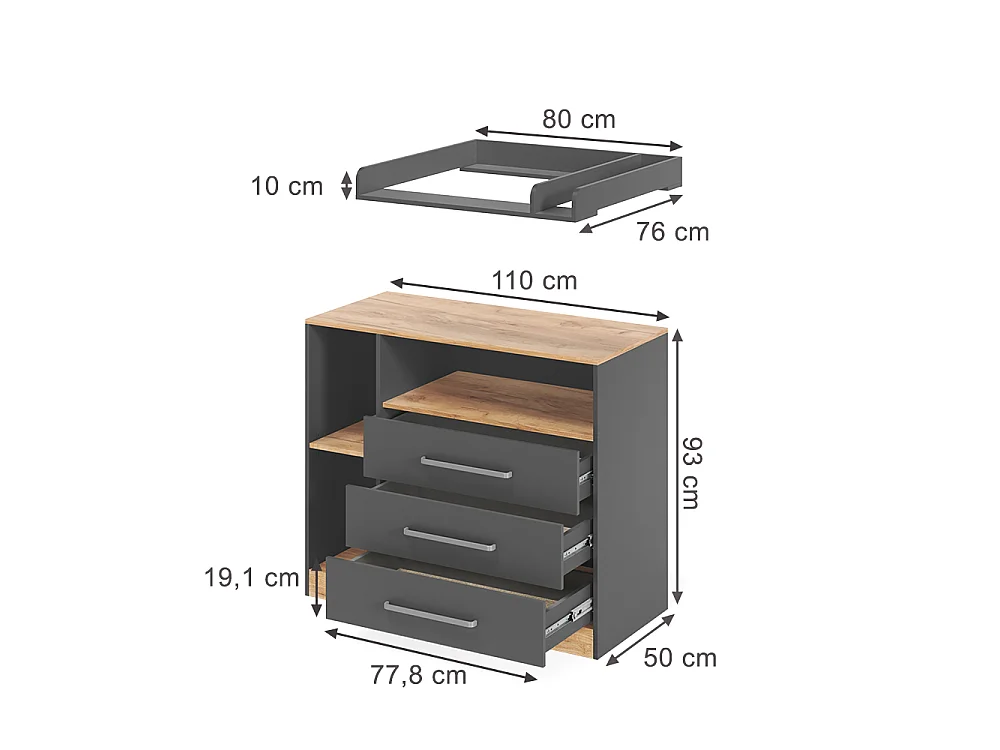 Przewijak dla dziecka antracyt/dąb goldkraft 110x50x93 olina