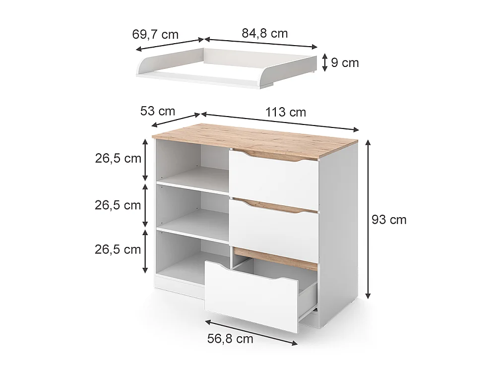 Przewijak dla dziecka biały/dąb artisan 113x53x93 ruben