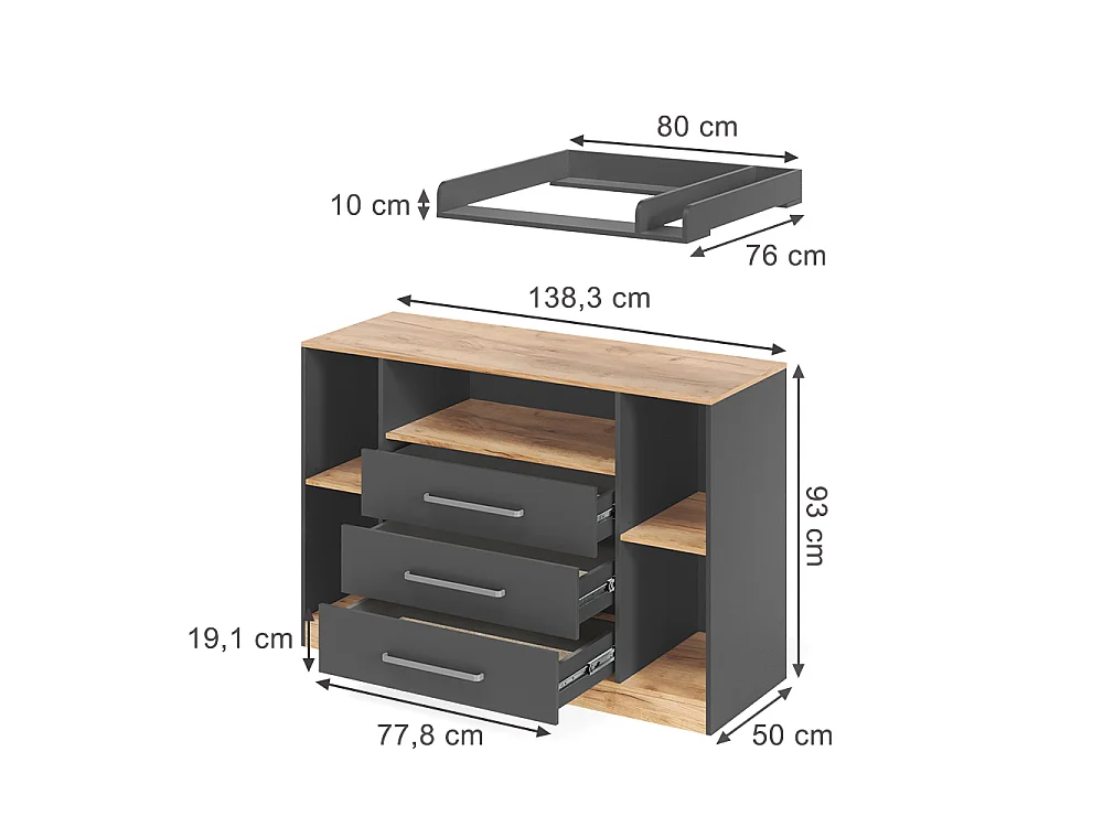 Wickelkommode anthrazit/goldkraft eiche 138.3x50x93 olina