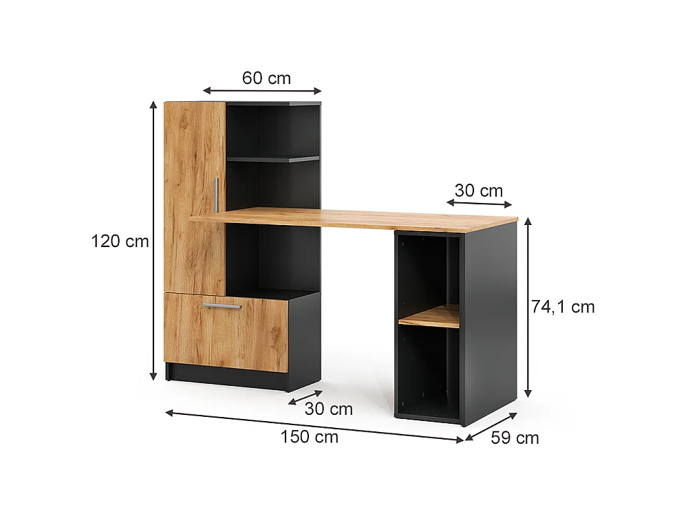 Bureau anthracite/chêne de force doré 150x59x120 tomy