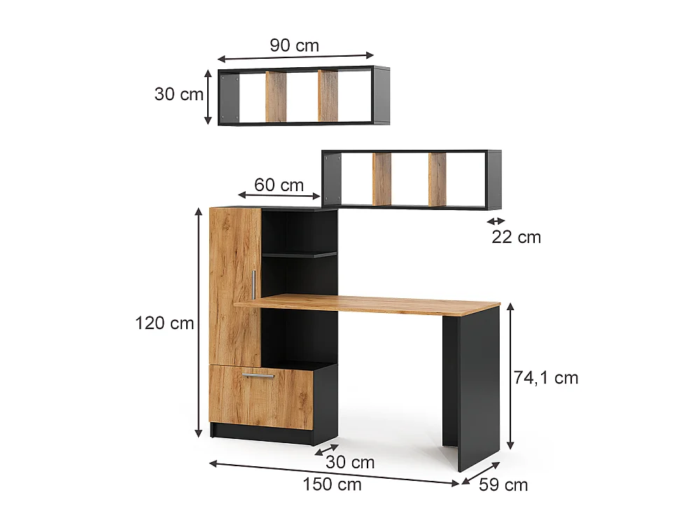 ensemble de bureau anthracite/chêne de force doré 150x59x120 tomy