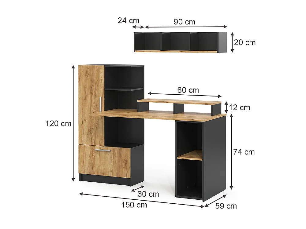 Bureau anthracite/chêne de force doré 150x59x120 tomy