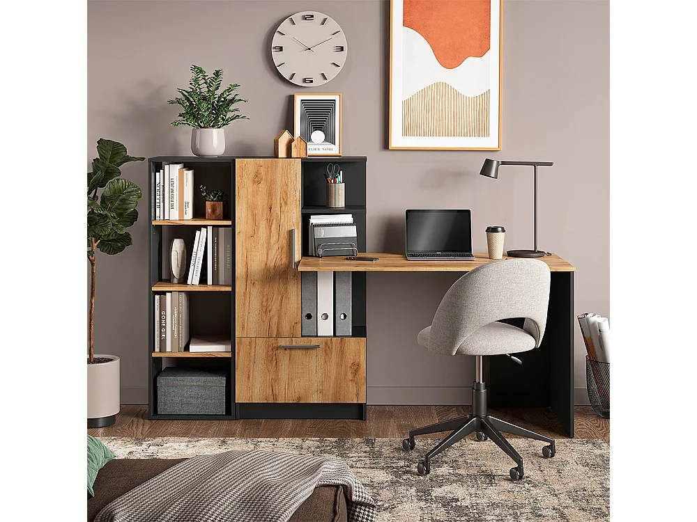 Bureau anthracite/chêne de force doré 150x59x120 tomy