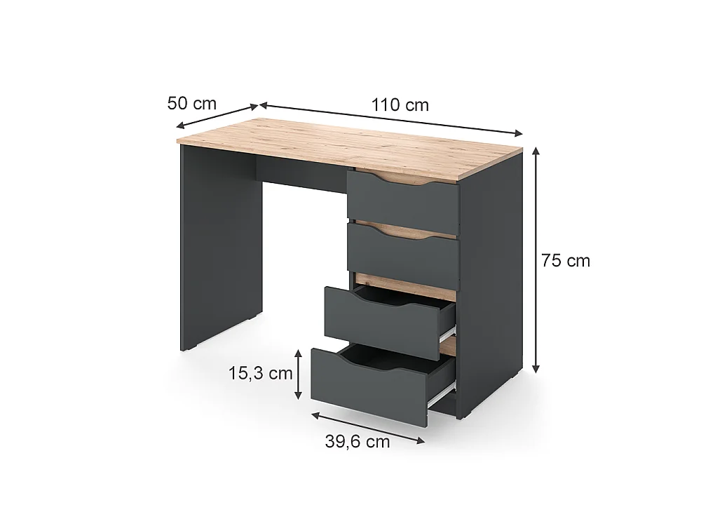 Bureau anthracite/chêne artisan 110x50x75 ruben