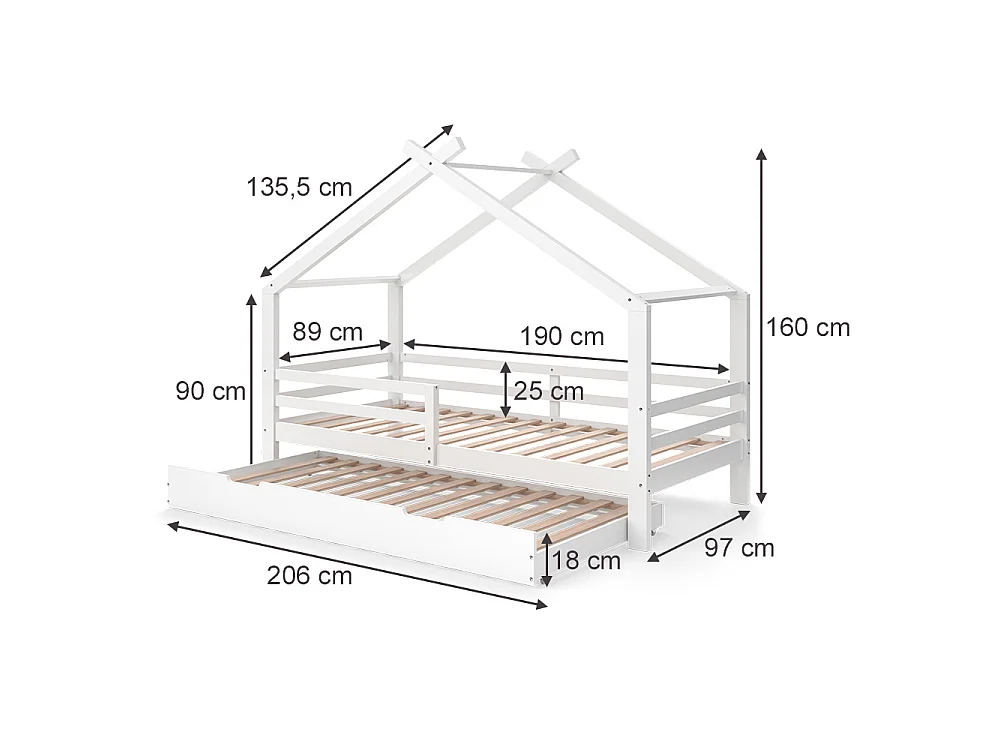Lit cabane blanc 206x97x160 luni