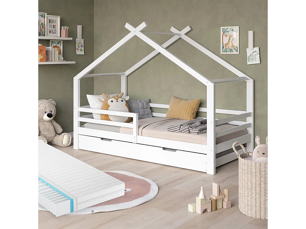 Lit cabane blanc 206x97x160 luni