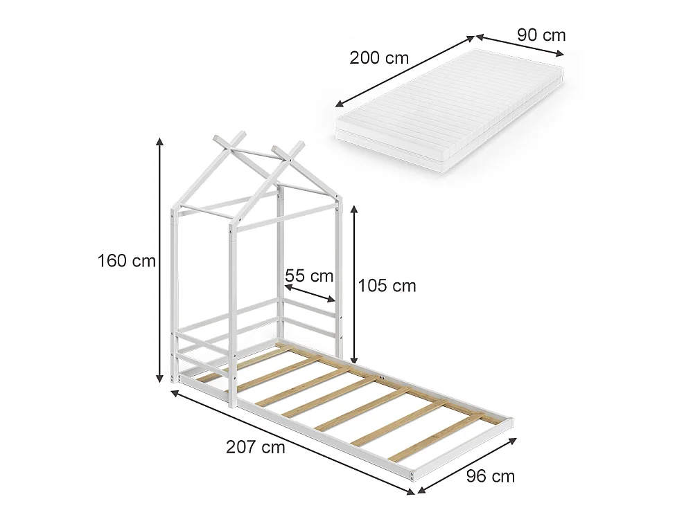 Lit au sol blanc 96x207x160 roofy