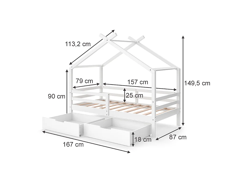Lit cabane blanc 167x87x149.5 luni