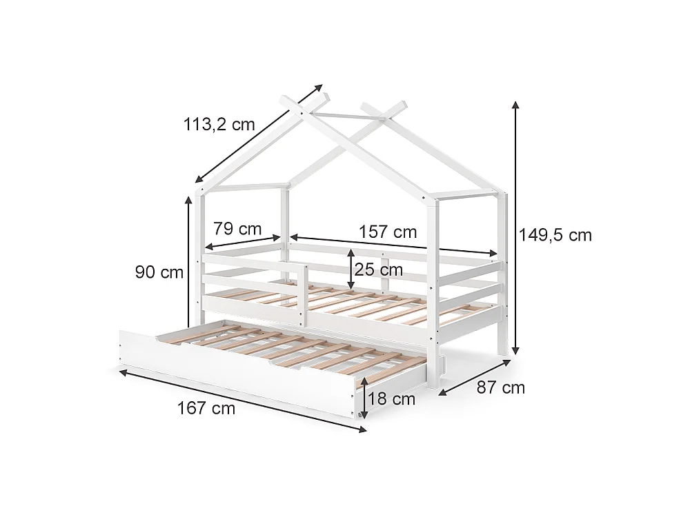 Lit cabane blanc 167x87x50.3 luni