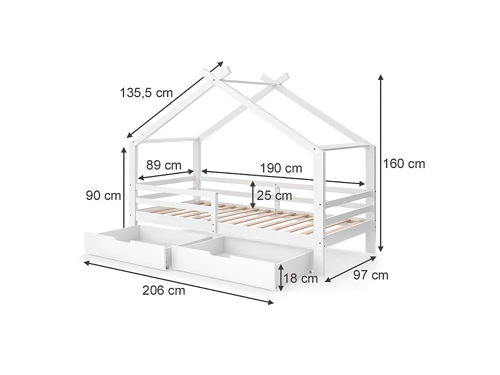Lit cabane blanc 206x97x160 luni