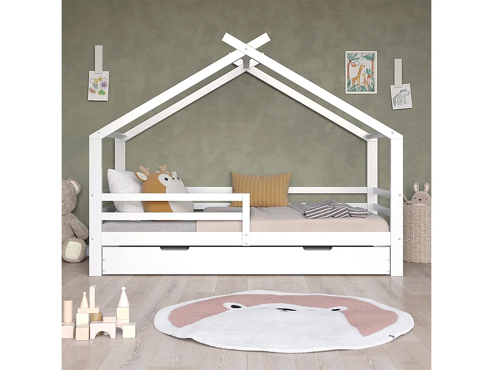 Lit cabane blanc 206x97x160 luni