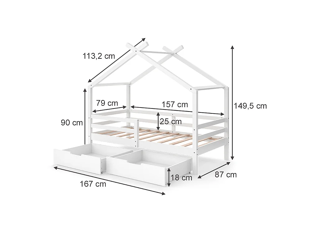 Lit cabane blanc 167x87x149.5 luni