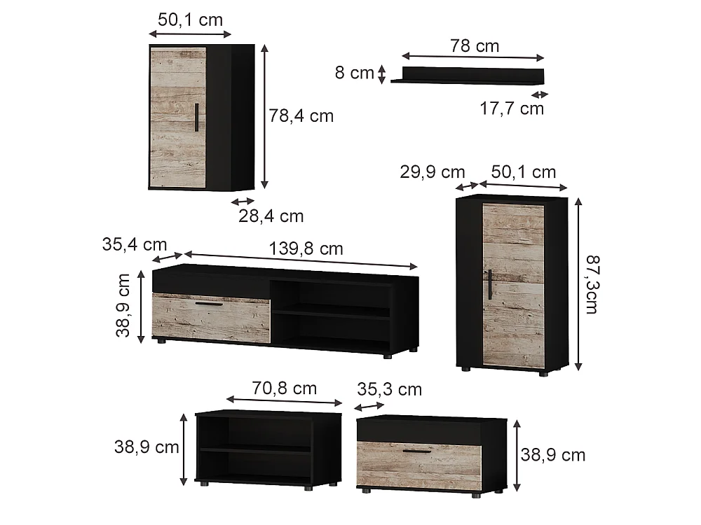 Parete attrezzata soggiorno nero/rovere sabbia 140x35.2x38.7 berno