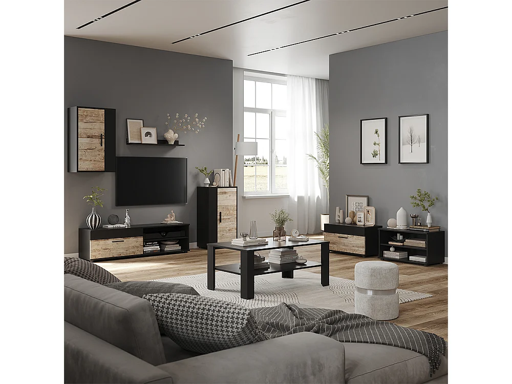 Parete attrezzata soggiorno nero/rovere sabbia 140x35.2x38.7 berno