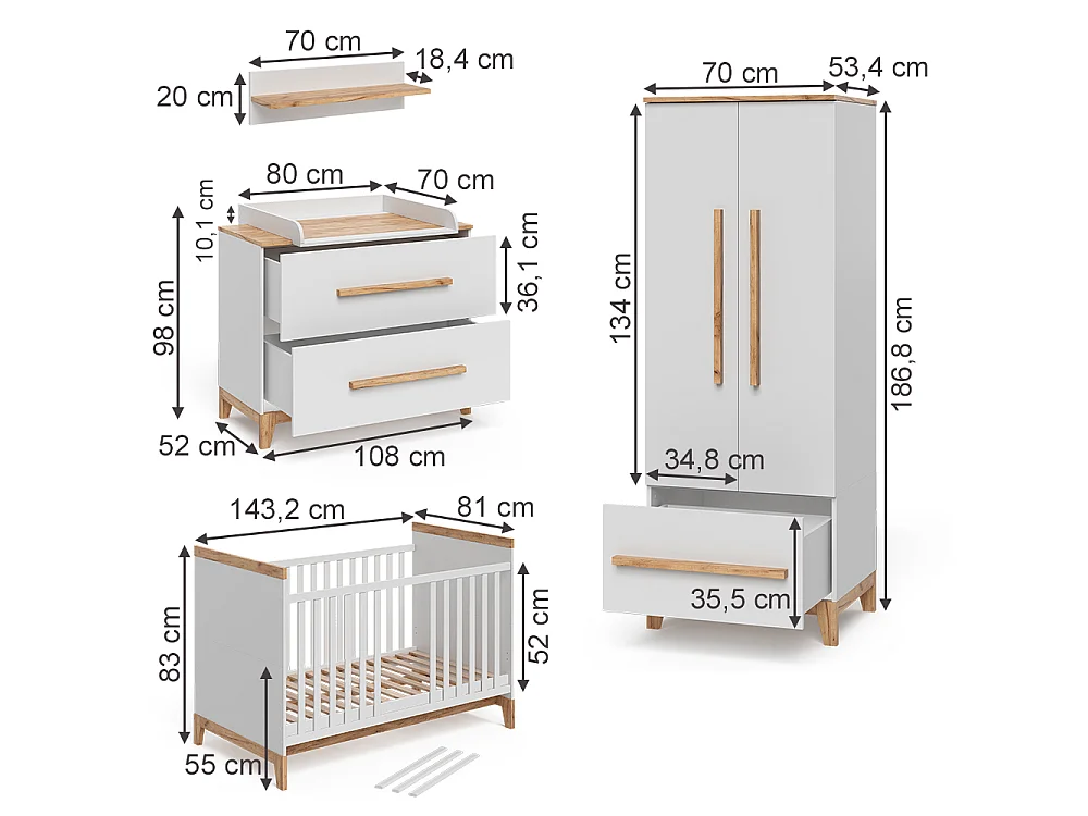 Set de chambre denfant blanc/chêne 70x50x187 malia