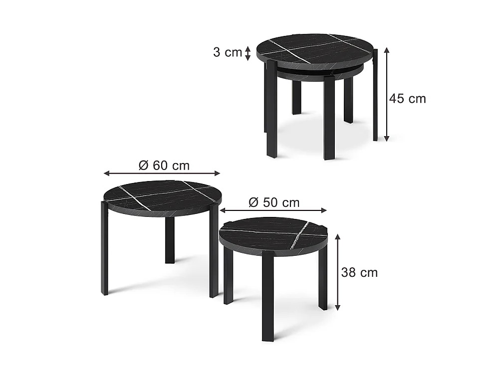 Set de tables basses marbre noir/noir 60x60x45 norin