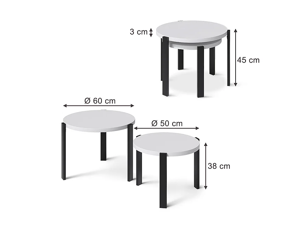 Set de tables basses blanc/noir 60x60x45 norin