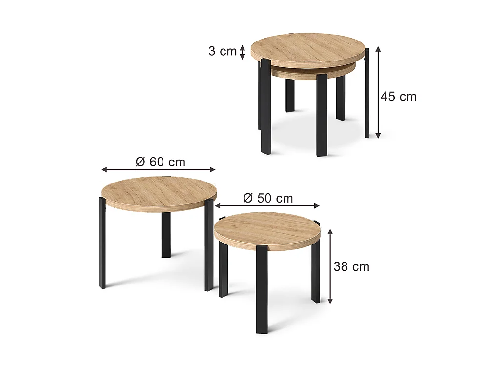 Set de tables basses chêne doré/noir 60x60x45 norin