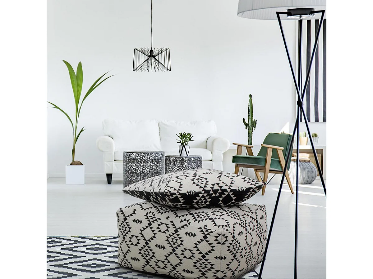 Ensemble Pouf & Coussin de Sol "Unwind" 80cm Blanc & Noir