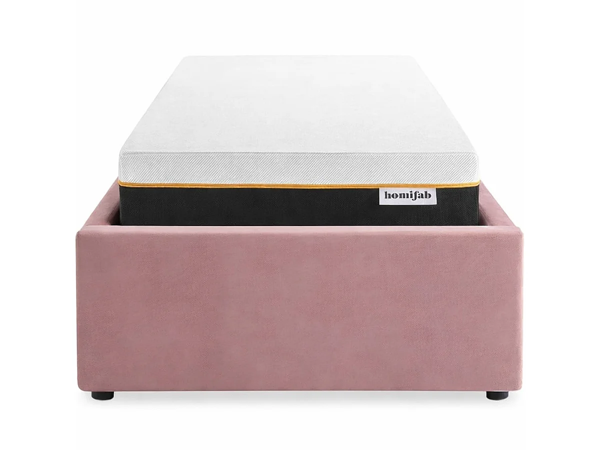 Ensemble Lit coffre adulte 90x190cm en velours rose avec sommier - Handy + Matelas mémoire de forme - Dual Confort
