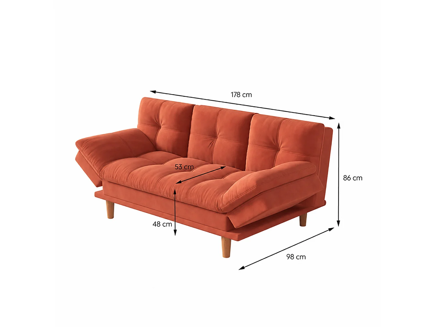 Canapé convertible 3 places en tissu matelassé terracotta KALMAR