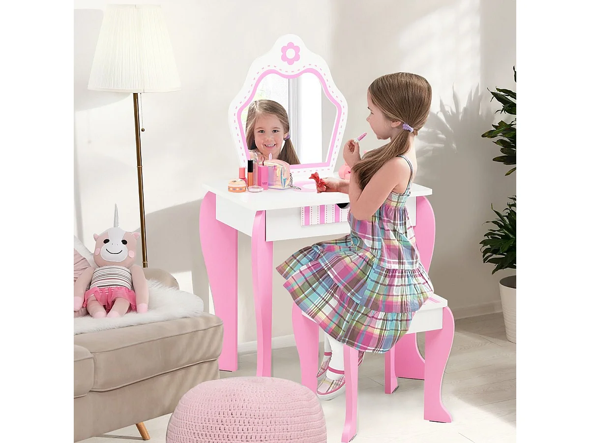 Schminktisch & Hocker-Set für Kinder mit Spiegel und Schublade 49 x 34 x 86,5 cm Rosa