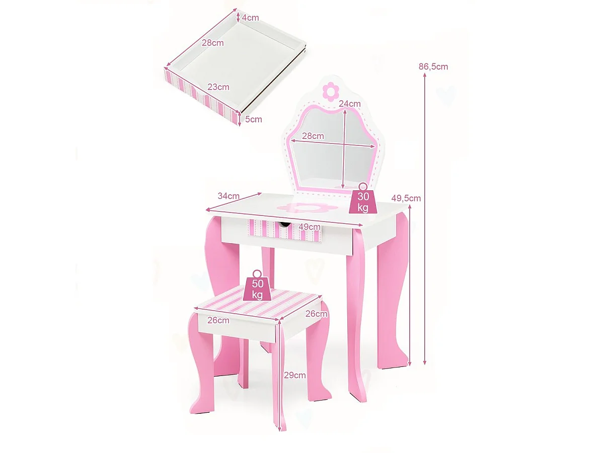 Schminktisch & Hocker-Set für Kinder mit Spiegel und Schublade 49 x 34 x 86,5 cm Rosa
