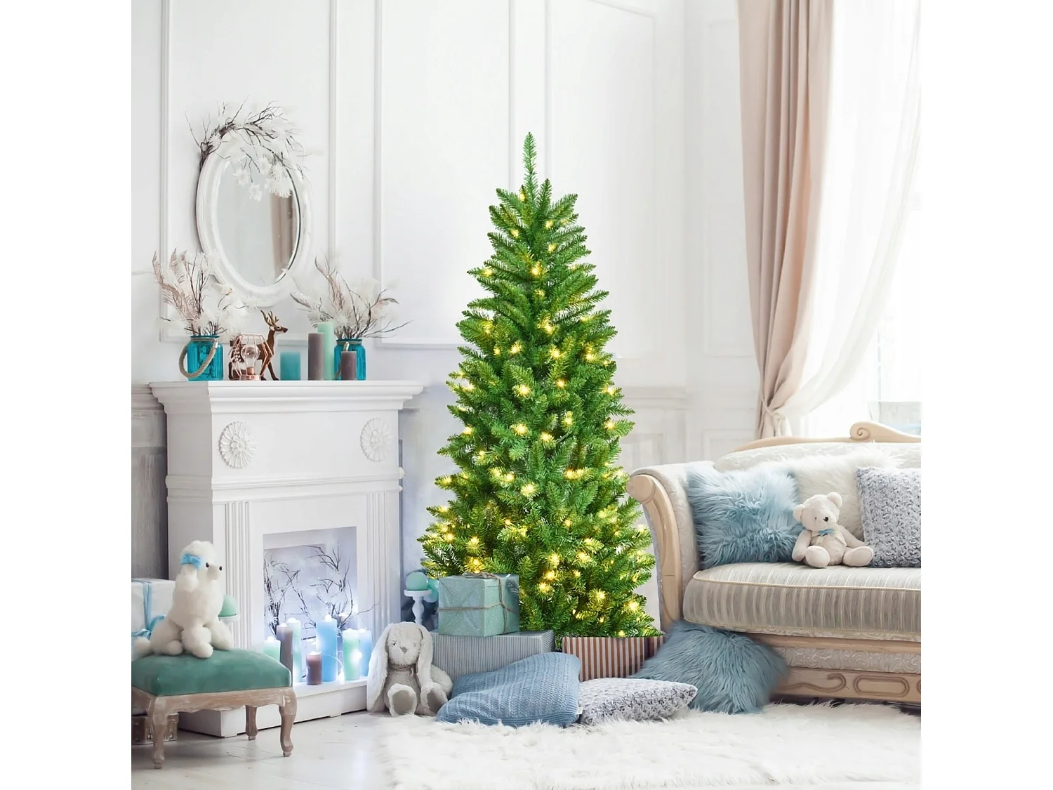 Albero di natale artificiale stretto con luci led e base da 150 cm